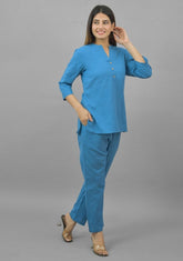 Women Co-Ords Blue Cotton Flax Dress Top and Bottom-10712