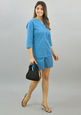 Women Co-Ords Blue Cotton Flax Dress Top and Shorts-10316