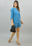 Women Co-Ords Blue Cotton Flax Dress Top and Shorts-10316