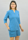 Women Co-Ords Blue Cotton Flax Dress Top and Shorts-10316
