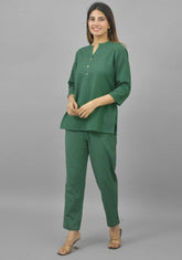 Women Co-Ords Bottle Green Cotton Flax Dress Top and Bottom-10713