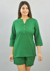 Women Co-Ords Bottle Green Cotton Flax Dress Top and Shorts-10317