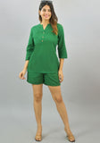 Women Co-Ords Bottle Green Cotton Flax Dress Top and Shorts-10317