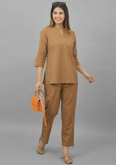 Women Co-Ords Brown Cotton Flax Dress Top and Bottom-10710