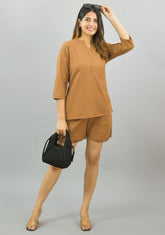 Women Co-Ords Brown Cotton Flax Dress Top and Shorts-10328