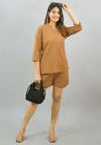 Women Co-Ords Brown Cotton Flax Dress Top and Shorts-10328
