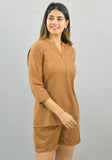 Women Co-Ords Brown Cotton Flax Dress Top and Shorts-10328