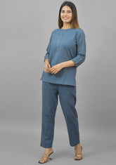 Women Co-Ords Denim Cotton Flax Dress Top and Bottom-10707