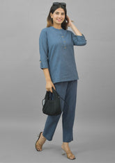 Women Co-Ords Denim Cotton Flax Dress Top and Bottom-10707