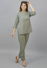 Women Co-Ords Gray Cotton Flax Dress Top and Bottom-10709