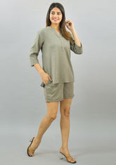 Women Co-Ords Gray Cotton Flax Dress Top and Shorts-10329