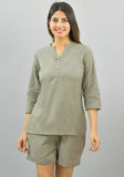 Women Co-Ords Gray Cotton Flax Dress Top and Shorts-10329
