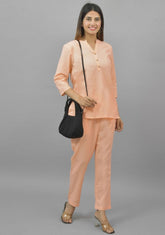 Women Co-Ords Light Peach Cotton Flax Dress Top and Bottom-10718
