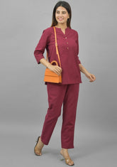 Women Co-Ords Maroon Cotton Flax Dress Top and Bottom-10708