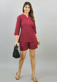 Women Co-Ords Maroon Cotton Flax Dress Top and Shorts-10323