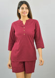 Women Co-Ords Maroon Cotton Flax Dress Top and Shorts-10323