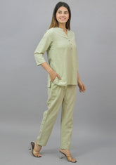 Women Co-Ords Mint Green Cotton Flax Dress Top and Bottom-10720