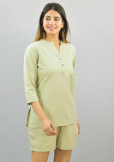 Women Co-Ords Mint Green Cotton Flax Dress Top and Shorts-10324