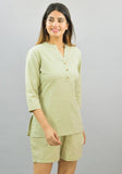 Women Co-Ords Mint Green Cotton Flax Dress Top and Shorts-10324