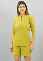 Women Co-Ords Olive Green Cotton Flax Dress Top and Shorts-10318