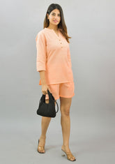 Women Co-Ords Peach Cotton Flax Dress Top and Shorts-10313