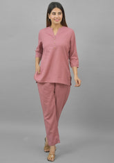 Women Co-Ords Pink Cotton Flax Dress Top and Bottom-10711