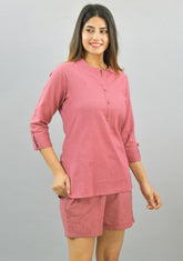 Women Co-Ords Pink Cotton Flax Dress Top and Shorts-10320