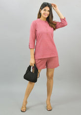 Women Co-Ords Pink Cotton Flax Dress Top and Shorts-10320