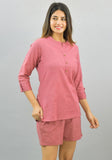 Women Co-Ords Pink Cotton Flax Dress Top and Shorts-10320