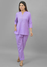 Women Co-Ords Purple Cotton Flax Dress Top and Bottom-10715