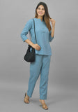 Women Co-Ords Sky Blue Cotton Flax Dress Top and Bottom-10716