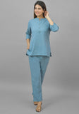 Women Co-Ords Sky Blue Cotton Flax Dress Top and Bottom-10716