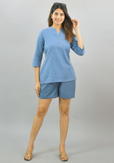 Women Co-Ords Sky Blue Cotton Flax Dress Top and Shorts-10322