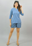 Women Co-Ords Sky Blue Cotton Flax Dress Top and Shorts-10322