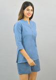 Women Co-Ords Sky Blue Cotton Flax Dress Top and Shorts-10322