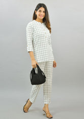 Women Co-Ords White Cotton Checks Dress Top and Bottom
