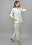 Women Co-Ords White Cotton Flax Dress Top and Bottom-10714