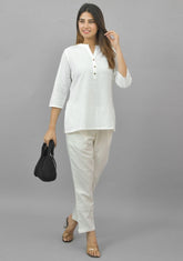 Women Co-Ords White Cotton Flax Dress Top and Bottom-10714