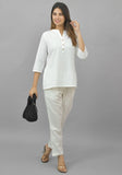 Women Co-Ords White Cotton Flax Dress Top and Bottom-10714