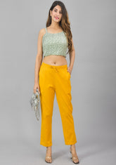 Yellow Solid Cotton Flax Women Trouser
