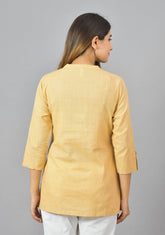 Women Mandarin Collar Roll-Up Sleeves Cotton Top