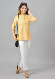 Women Mandarin Collar Roll-Up Sleeves Cotton Top