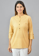 Women Mandarin Collar Roll-Up Sleeves Cotton Top