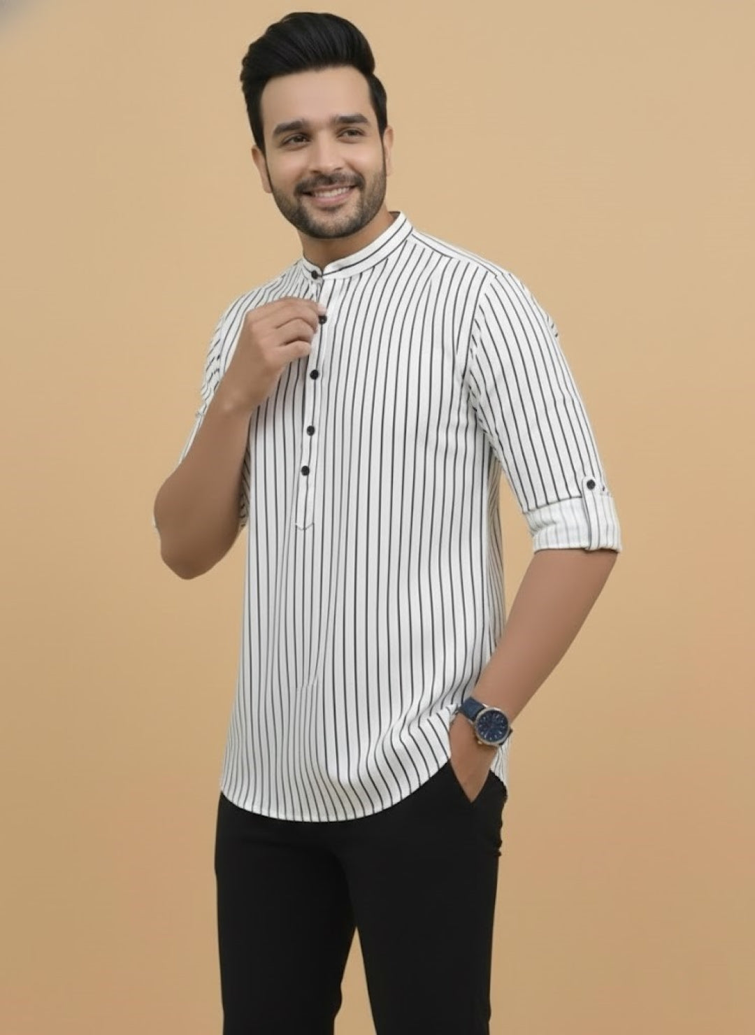 Men Striped Flared Sleeves Pathani Kurta