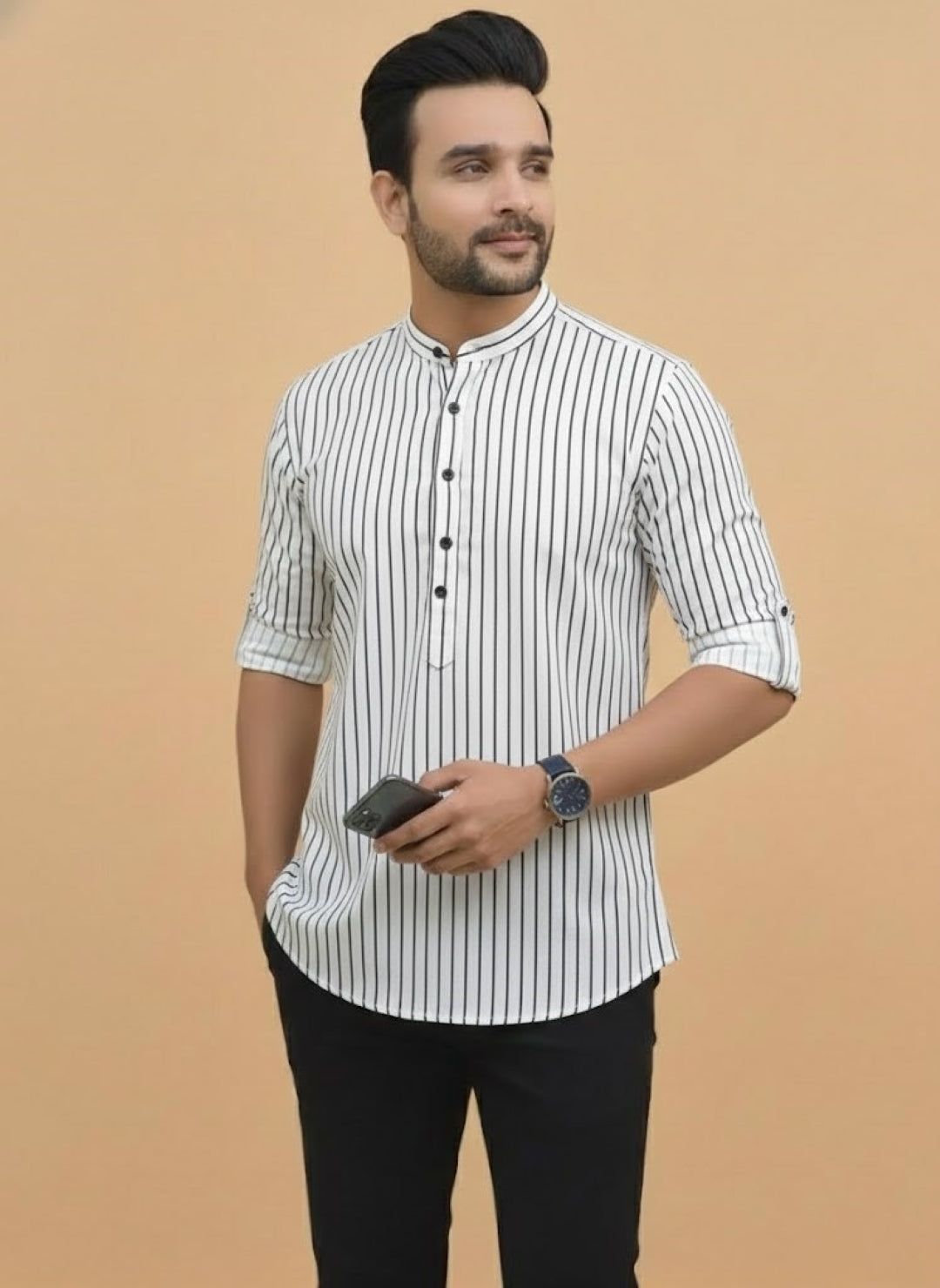 Men Striped Flared Sleeves Pathani Kurta