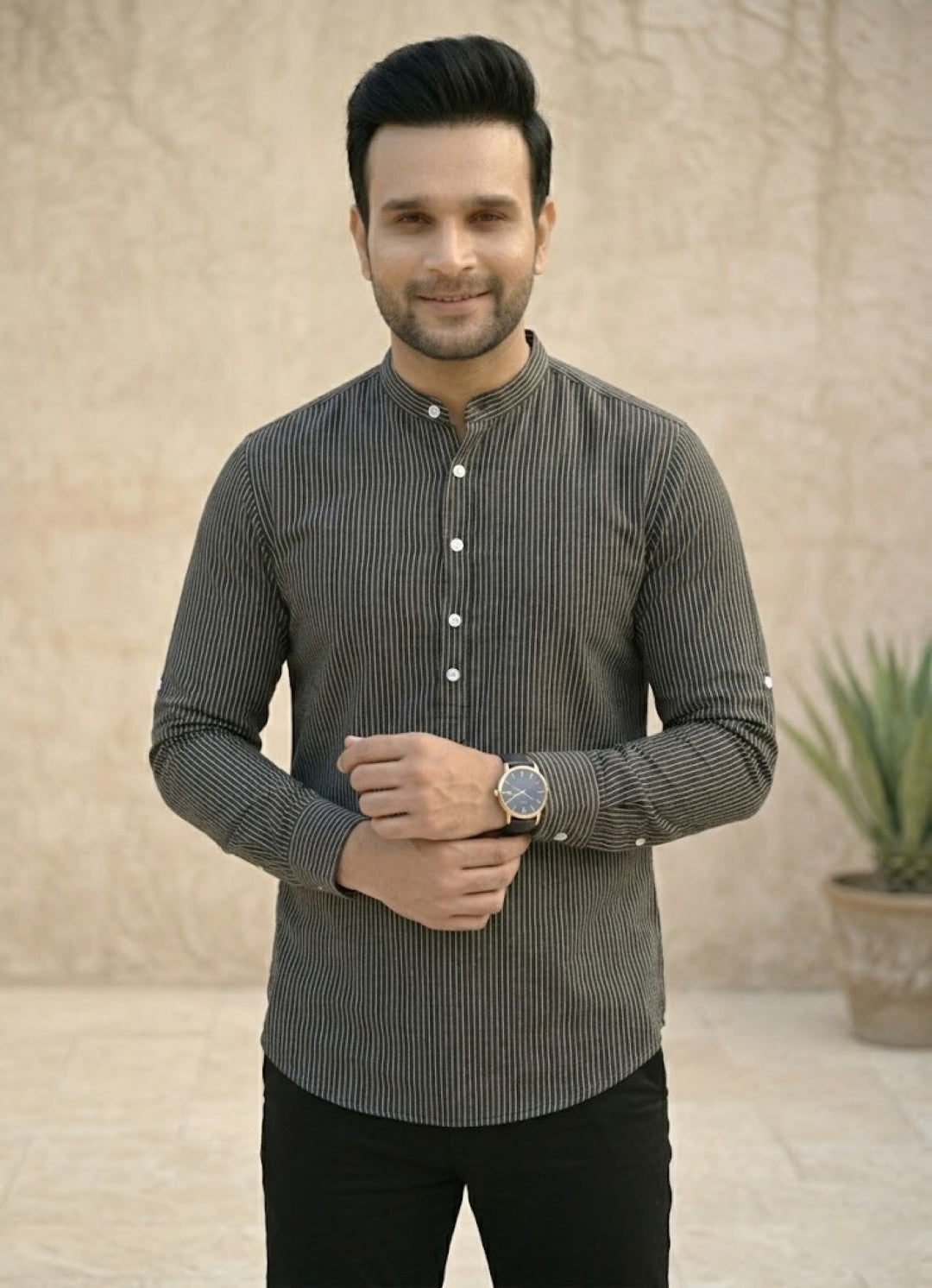 Men Striped Thread Work Kurta