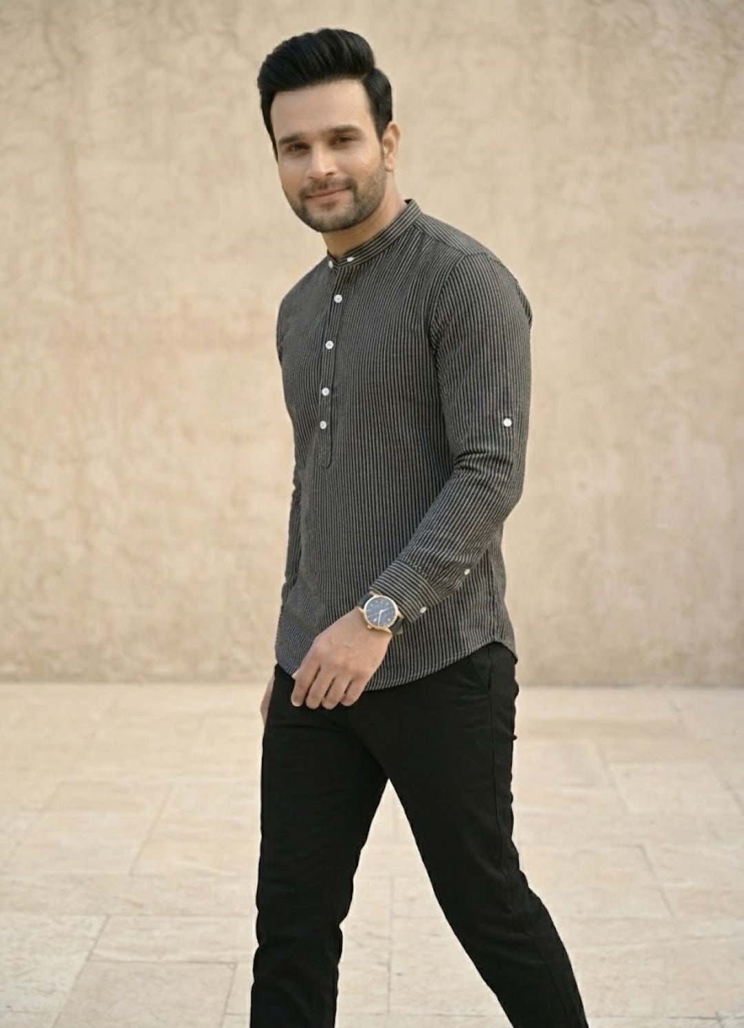Men Striped Thread Work Kurta