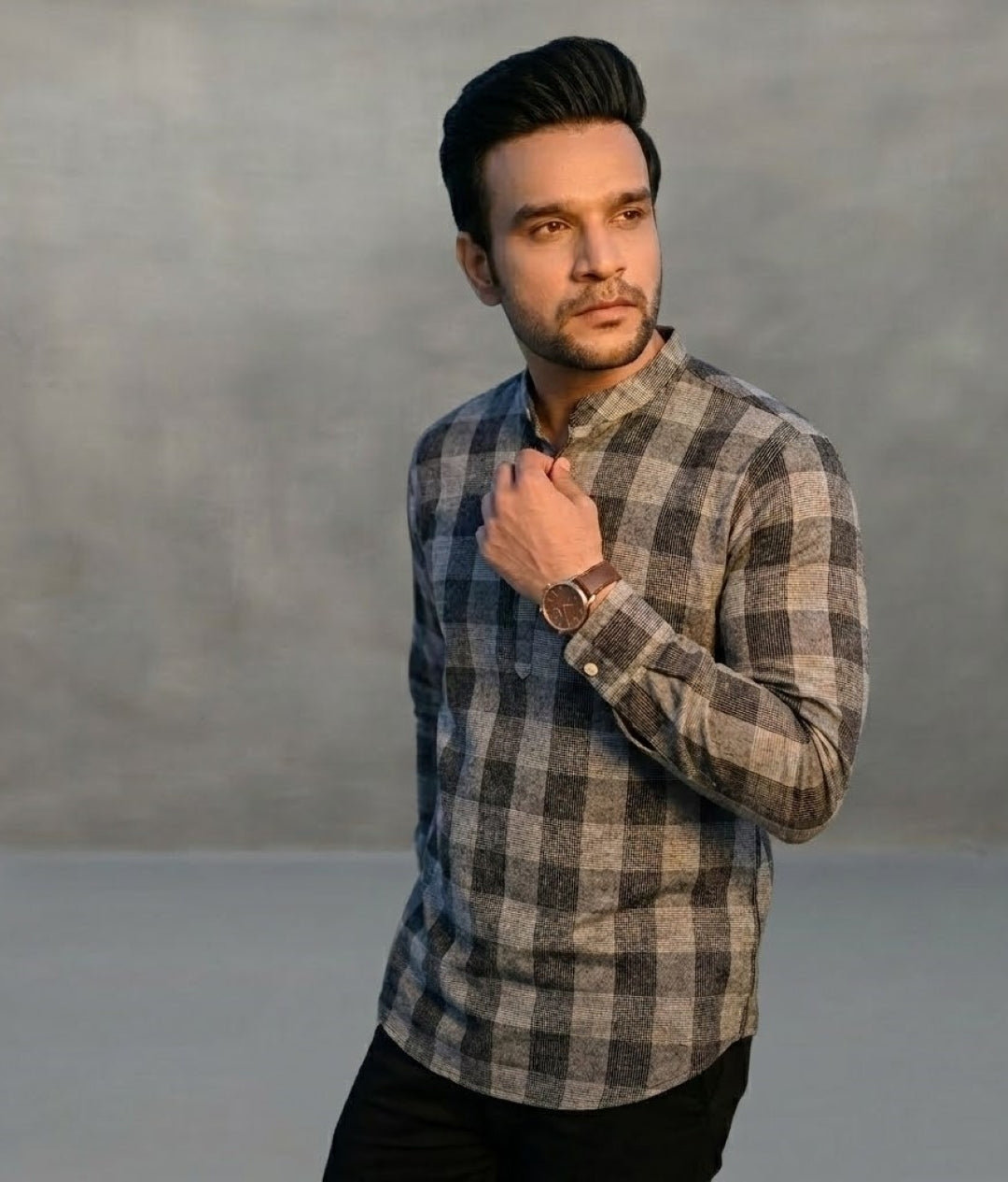 Checked Thread Work Pathani Cotton Kurta