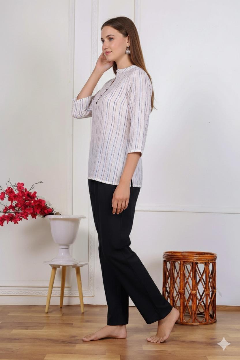 Women Striped Mandarin Collar Cotton Top