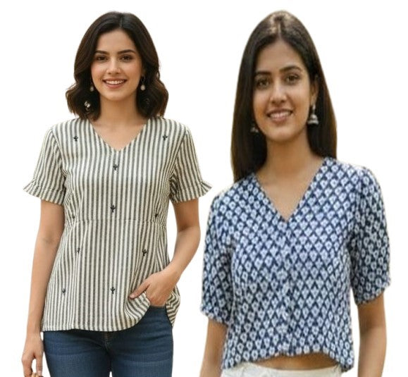 Combo of 2 BEIGE And BLUE Cotton Flax Women Top